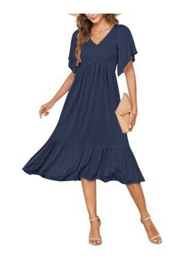 Women's Flutter Sleeve Midi Dress Empire Waist Smocked Tiered Beach V-Neck